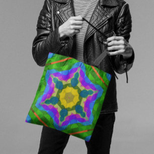 Retro Mandala Blume Gelb Blau und Lila Tasche