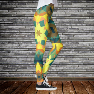 Retro Mandala Blume Gelb Grün und Orange Leggings