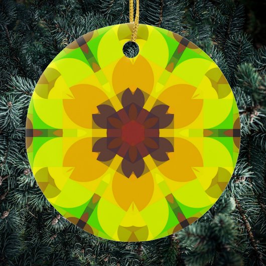 Retro Mandala Blume Gelb Orange und Grün Keramik Ornament