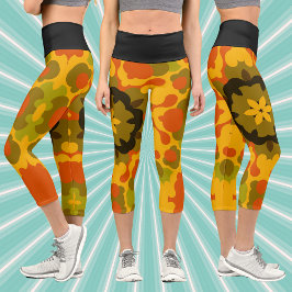 Retro Mandala Blume Gelb und Orange Capri Leggings