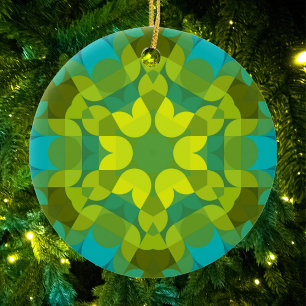 Retro Mandala Blume Grün Gelb und Blau Keramik Ornament