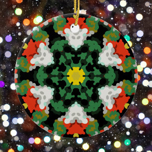 Retro Mandala Blume Grün Orange und Gelb Keramik Ornament