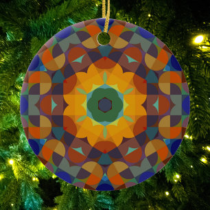 Retro Mandala Blume Orange Blue und Green Keramik Ornament
