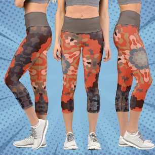 Retro Mandala Blume Orange Blue und Tan Capri Leggings