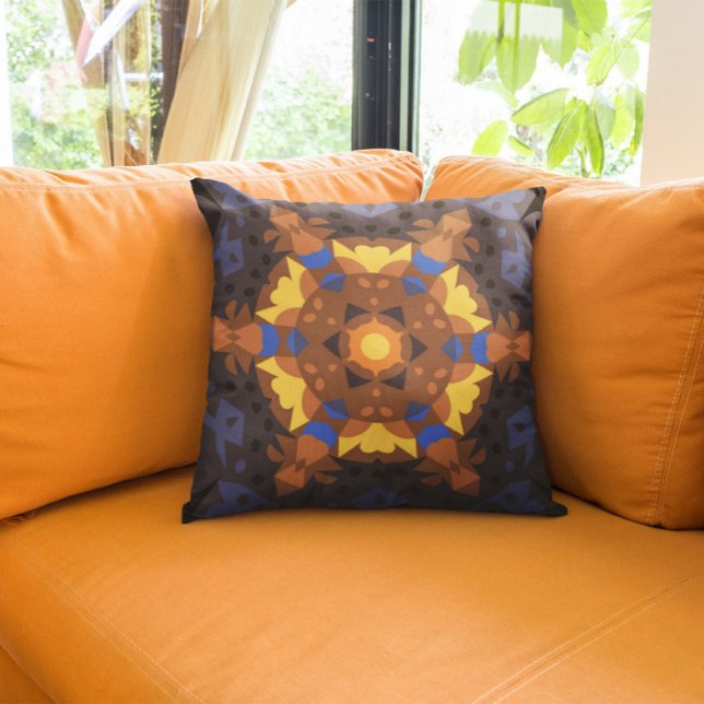 Retro Mandala Blume Orange Gelb und Blau Kissen (Von Creator hochgeladen)