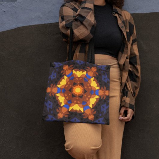 Retro Mandala Blume Orange Gelb und Blau Tasche