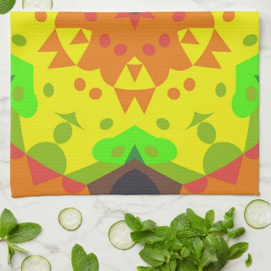 Retro Mandala Blume Orange Gelb und Grün Geschirrtuch (Gefaltet)