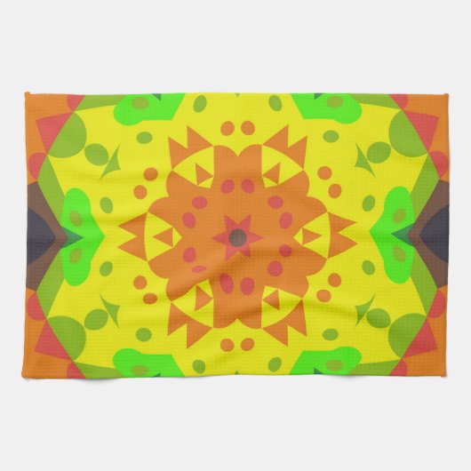 Retro Mandala Blume Orange Gelb und Grün Geschirrtuch (Horizontal)