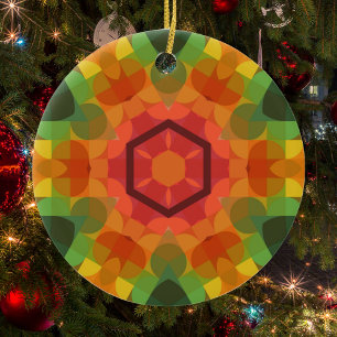 Retro Mandala Blume Orange Gelb und Grün Keramik Ornament