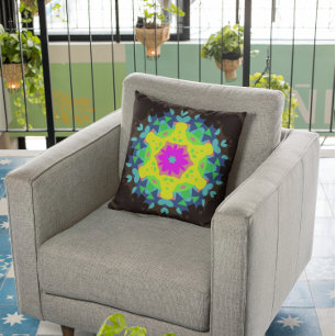 Retro Mandala Blume Rosa Gelb und Blau Kissen