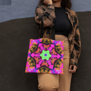 Retro Mandala Blume Rosa Orange und Grün Tasche