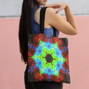 Retro Mandala Blume Rot Blau und Grün Tasche
