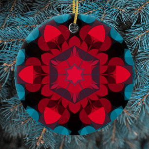 Retro-Mandala-Blume Rot und Blau Keramik Ornament