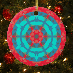 Retro Mandala Blume Rot und Blau Keramik Ornament