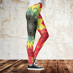Retro Mandala Blume Rot und Gelb Leggings