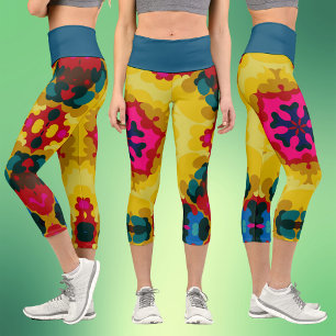 Retro Mandala Gelb Blau und Rosa Capri Leggings