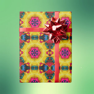Retro Mandala Gelb Blau und Rosa Geschenkpapier