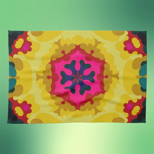 Retro Mandala Gelb Blau und Rosa Geschirrtuch