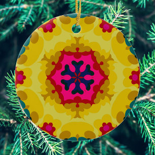 Retro Mandala Gelb Blau und Rosa Keramik Ornament