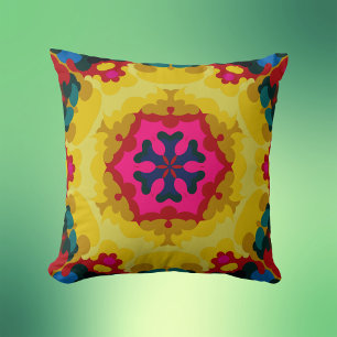 Retro Mandala Gelb Blau und Rosa Kissen