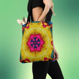 Retro Mandala Gelb Blau und Rosa Tasche