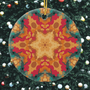 Retro Mandala Orange Gelb und Blau Keramik Ornament