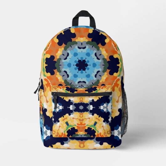 Retro Mandala Yellow Blue und Orange Bedruckter Rucksack (Vorderseite)