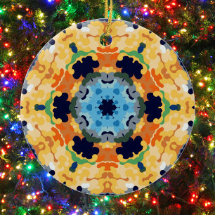 Retro Mandala Yellow Blue und Orange Keramik Ornament
