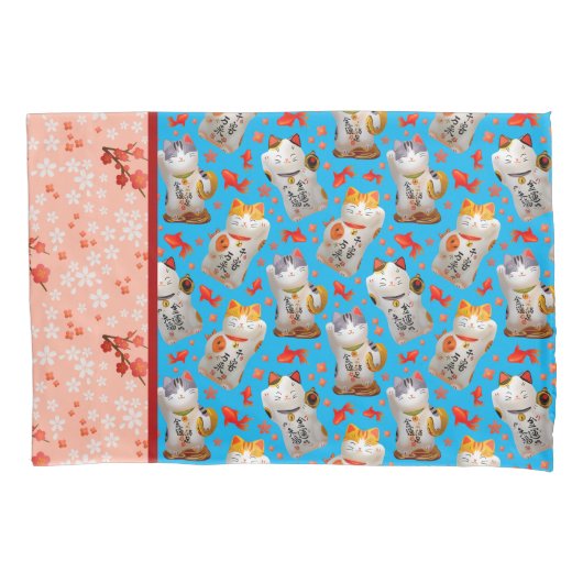 Retro Maneki Neko Japanisch Waving Lucky Cat Koi Kissenbezug (Vorderseite-Links)