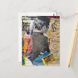 Retro-Mann arbeitet Diagramme Mixed-Media-Collage Postkarte