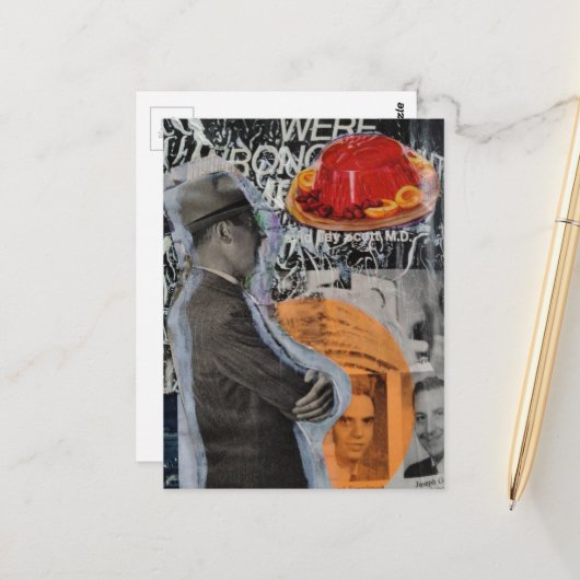 Retro-Mann mit schwebender Dessert-Collage Postkarte (Vorderseite/Rückseite Beispiel)
