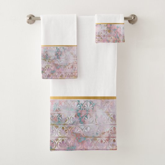 RETRO MARBLE BLUME PINK AQUA BADEZIMMER TOWEL SET (Insitu)