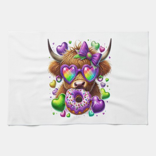 Retro Mardi Gras Png, Highland Cow Geschirrtuch (Horizontal)