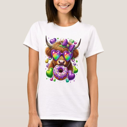 Retro Mardi Gras Png, Highland Cow T-Shirt (Vorderseite)