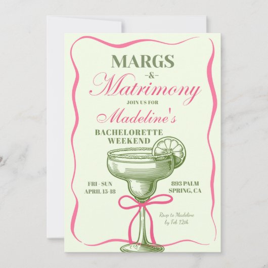 Retro Margaritas und Matrimony Bachelorette Einladung (Vorderseite)
