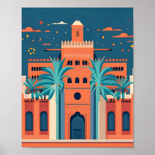 Retro Marrakech Marokko Landschaft Flachvektorkuns Poster