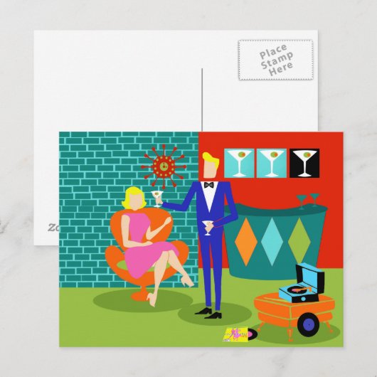 Retro Martini Couple Postkarte (Vorne/Hinten)