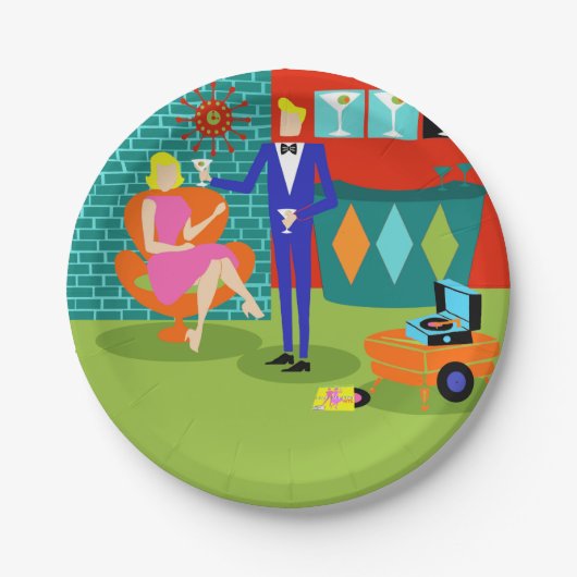 Retro Martini-Paar-Papier-Teller Pappteller (Vorderseite)