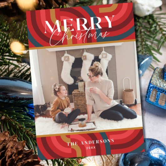 Retro Maximalist Geometric Red Christmas Foto Einladung