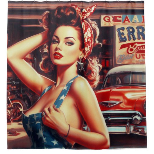 Retro Mechanic Girl Duschvorhang (Vorderseite)