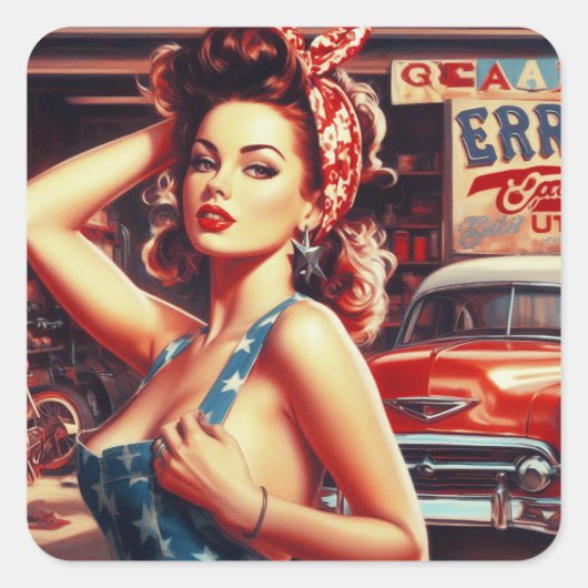 Retro Mechanic Girl Quadratischer Aufkleber (Vorderseite)