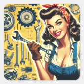 Retro-Mechaniker-Pin-up Quadratischer Aufkleber (Vorderseite)