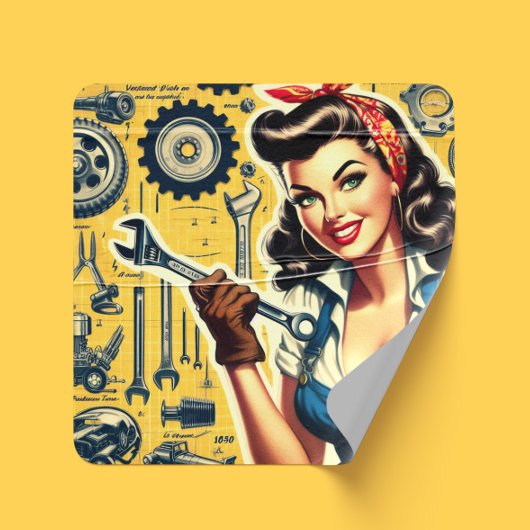 Retro-Mechaniker-Pin-up Quadratischer Aufkleber