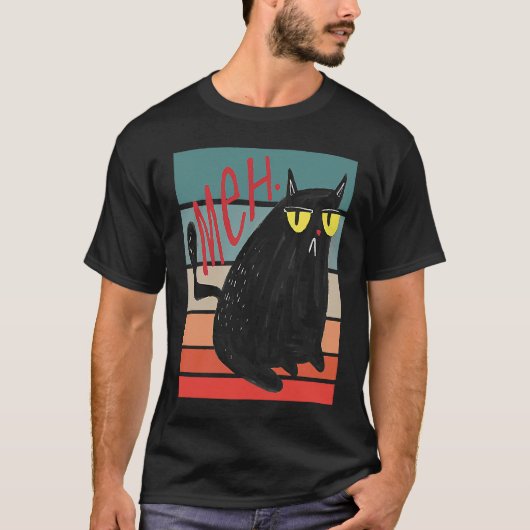 Retro Meh Grumpy Black Cat Sarcastic Kitten  Cat M T-Shirt (Vorderseite)