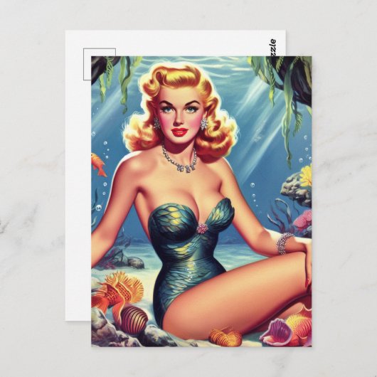 Retro Mermaid Button Up Postkarte (Vorne/Hinten)