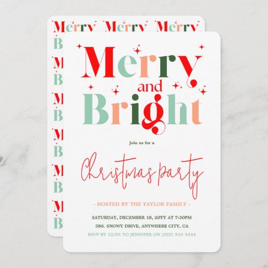 Retro Merry and Bright Christmas Party Einladung (Vorne/Hinten)