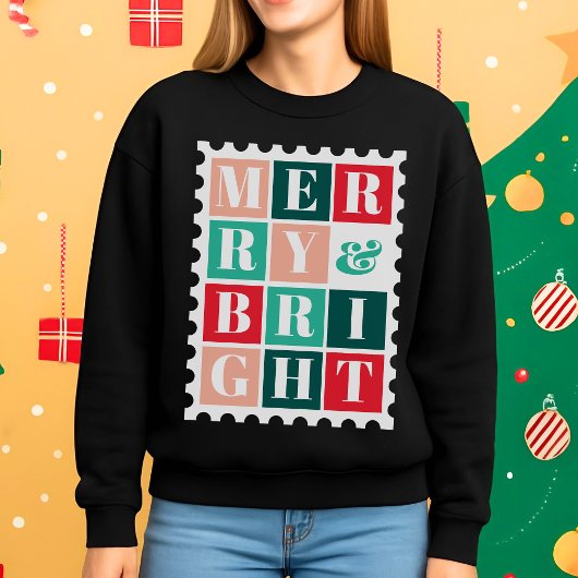 Retro Merry and Bright Christmas Postage Stamp Sweatshirt