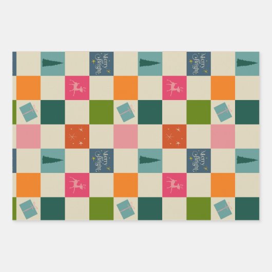 Retro Merry and Bright Christmas Wrapping Paper Geschenkpapier Set (Vorderseite)
