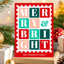 Retro Merry & Bright Christmas Postage Stamp