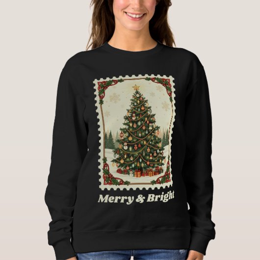 Retro Merry & Bright Christmas Tree Briefmarke Sweatshirt (Vorderseite)